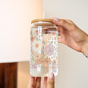 Personalized Wildflowers Iced Coffee Cup with Name Custom Floral Sipper Glass Can 16oz Glass Tumbler with Flowers, Cottagecore Cold Cup Gift