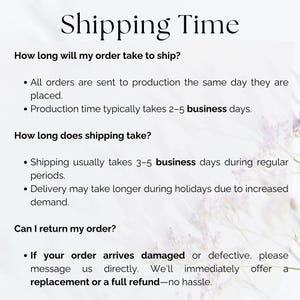 May include: Image with the text "Shipping Time" at the top. Below, it answers questions about shipping and returns. It states that orders are sent to production the same day, with production taking 2-5 business days. Shipping takes 3-5 business days.
