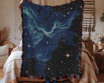 Night Sky Tapestry Celestial Woven Blanket Blue Starry Wall Art Large Crescent Space Wall Hanging Cottagecore Galaxy Throw Home Decor Cosmic