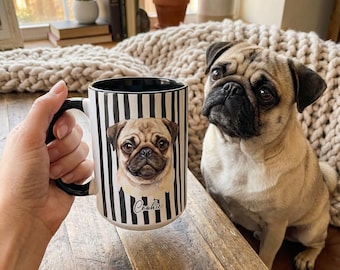 Personalized Pug Mug, Striped Pug Mom Coffee Cup, Custom Gift for Pug Dog Lovers and Owners