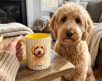 Custom Pet Portrait Mug, Personalized Watercolor Drawing from Dog & Cat Photo Cup, Pet Face Picture Gift for Animal Owner Image Striped Mug