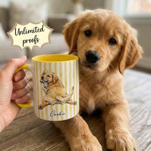 May include: A yellow and white striped ceramic mug with a golden retriever illustration and the name "Cookie". The mug has a yellow handle and interior. The text "Unlimited proofs" is in a starburst shape. A golden retriever puppy is next to the mug.
