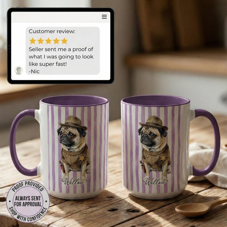 May include: Two white ceramic mugs with purple interiors and handles. Each mug features a pug wearing a cowboy hat and vest, with the name "Willow" below. The mugs have a vertical striped pattern in white and purple.