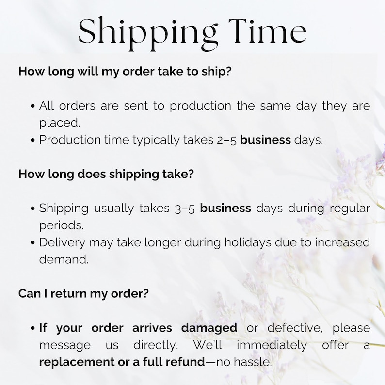 May include: Image with the title "Shipping Time" and information about order processing and shipping. Details include production time, shipping duration, and return policy for damaged or defective items.