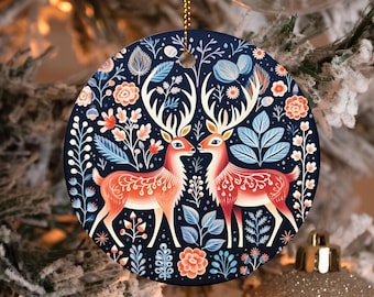 Blue Scandinavian Reindeer Christmas Ornament, Nordic Tree Decor, Swedish Folk Art Gift, Norwegian Hygge Xmas, Scandi Cottagecore Holiday