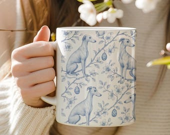 Whippet Mug Italian Greyhound Coffee Cup Blue and White Floral Dog Lover Cup Chinoiserie Greyhound Dog Breed Blue Toile Mug French Style Mug