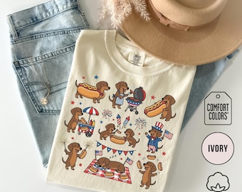 Comfort Colors 4th of July Dachshund Hot Dog Shirt Doxie Patriotic BBQ Graphic Tee America Dog Lover USA Birthday TShirt Independance Day