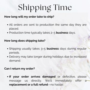 May include: Image with the title "Shipping Time" and information about order processing and shipping. Details include production time, shipping duration, and return policy for damaged or defective items.