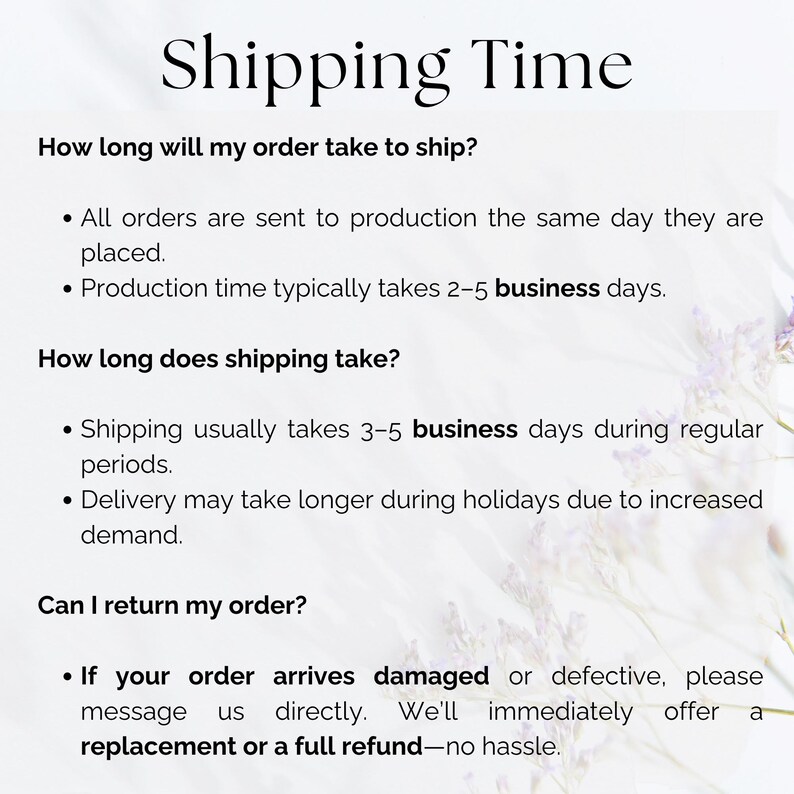 May include: Image with the title "Shipping Time" and information about order processing and shipping. Details include production time, shipping duration, and return policy for damaged or defective items.
