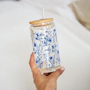 Blue Flowers Sipper Glass Can 16oz Custom Name, Wildflowers Iced Coffee Cup Cottagecore, Floral Glass Tumbler with Flowers Personalized Gift