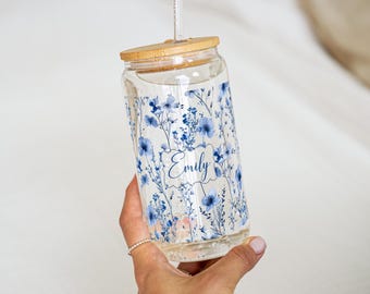 Blue Flowers Sipper Glass Can 16oz Custom Name, Wildflowers Iced Coffee Cup Cottagecore, Floral Glass Tumbler with Flowers Personalized Gift