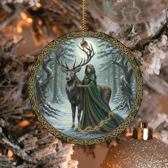 Yule Witch and Stag Ornament, Celtic Pagan Winter Solstice Decor, Earthy Green Wiccan Goddess Gift, Mystical Witchy Christmas Ornament