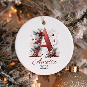 Monogram Christmas Ornament with Personalized Name, Custom Letter Xmas Ornament, Holiday Family Ornament, Initial Ceramic Ornament for Tree