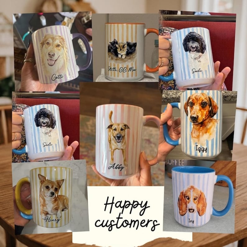 May include: Collection of ceramic mugs featuring watercolor portraits of various dog breeds. Each mug has a unique design with the dog's name, set against a striped background. The mugs have different colored handles and interiors. The text "Happy customers" is also visible.