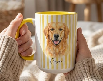 Personalized Golden Retriever Mug, Striped Dog Mom Coffee Cup, Custom Gift for Retriever Lovers and Owners