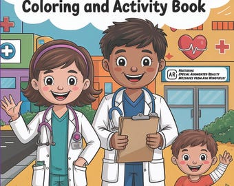 Könnte beinhalten: Ein Mal- und Aktivitätsbuch für Kinder mit dem Titel "I Want to Be a Medical Doctor!" zeigt Illustrationen von drei lächelnden Kindern, die als Ärzte verkleidet sind. Das Cover enthält den Text "Coloring and Activity Book" und "When I Grow Up Series".
