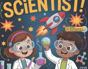 May include: A colorful children's book cover with the text "I WANT TO BE A SCIENTIST!". The image features two cartoon children in lab coats and goggles, surrounded by science equipment and a rocket ship. The book is part of the "WHEN I GROW UP SERIES".