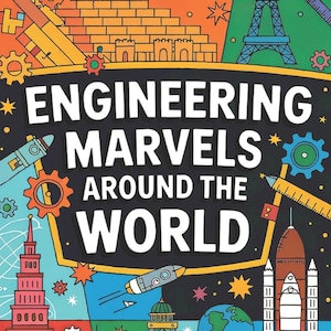 Könnte beinhalten: Ein farbenfrohes Buchcover mit dem Titel "ENGINEERING MARVELS AROUND THE WORLD". Das Cover zeigt Illustrationen berühmter Wahrzeichen, Raketen, Zahnräder und einen Globus. Das Buch gehört zur "STEM Power Series".