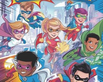 May include: A coloring and activity book featuring a group of diverse superhero kids flying through a city skyline. The book cover features the title "SUPERHERO KIDS COLORING AND ACTIVITY BOOK" and the text "Play and Learn Series".