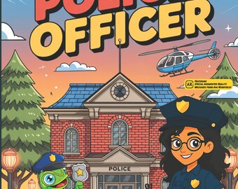 Puede incluir: Una colorida portada de libro infantil con el título "I Want to Be a Police Officer". La ilustración presenta una comisaría, un coche de policía, un helicóptero y un policía de dibujos animados. El libro forma parte de la serie "When I Grow Up" y contiene mensajes AR.