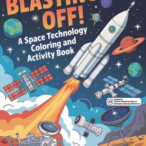 May include: A colorful children's activity book titled "BLASTING OFF!" features a rocket ship blasting off, planets, satellites, and a rover. The cover includes the text "A Space Technology Coloring and Activity Book" and "STEM POWER SERIES".