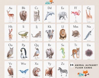 26 Animal Alphabet Flashcards for Kids, Printable ABC Cards, Montessori Inspired Learning Tool, Preschool Alphabet Learning