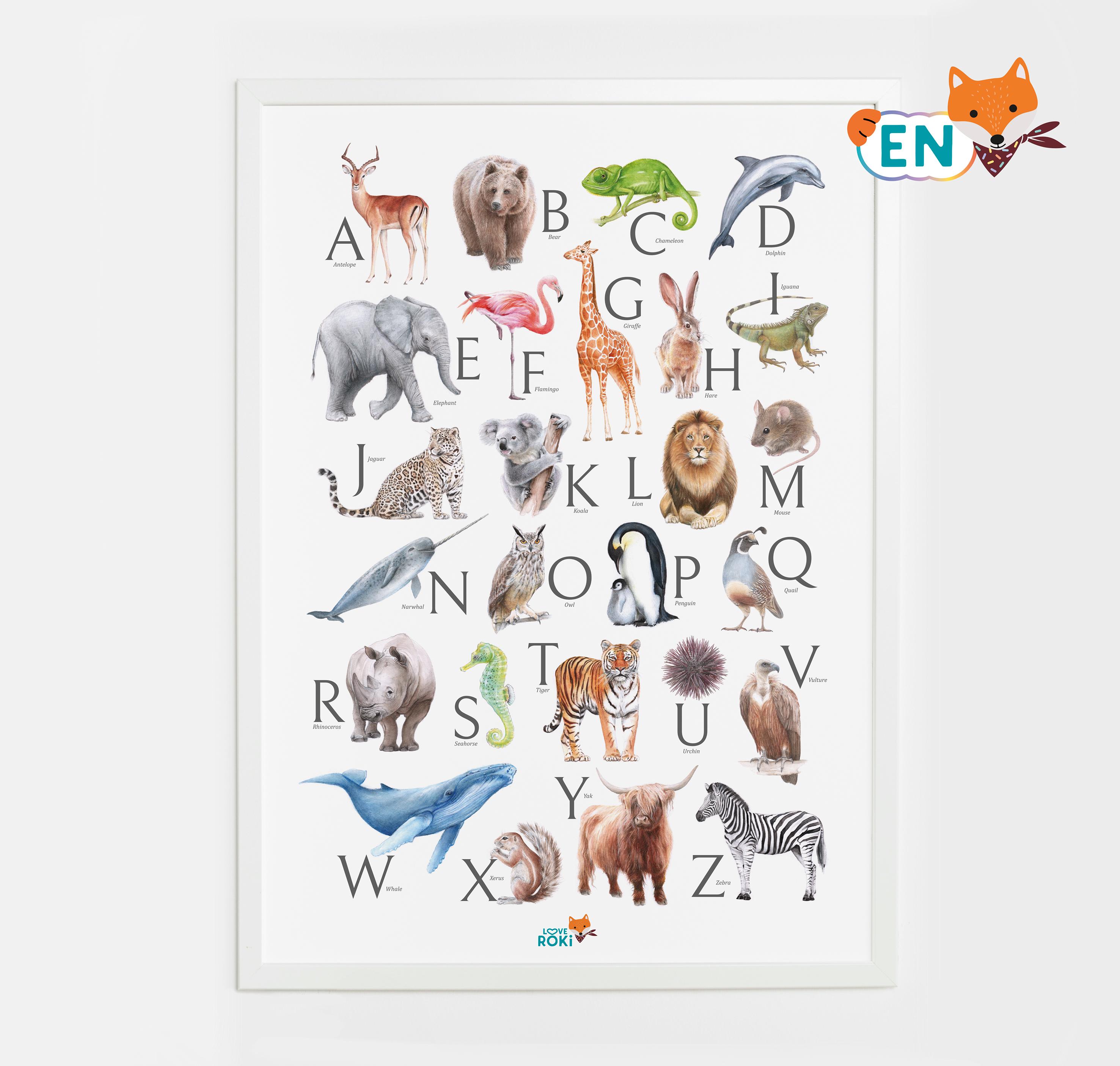 Kids Animal Alphabet Poster, Printable ABC Poster, Watercolor hand painted images,  Wall Art