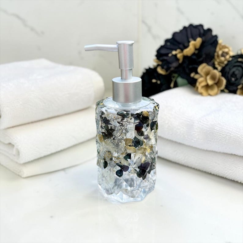 Black White and Gold Floral Soap Dispenser, Handmade Resin Bathroom