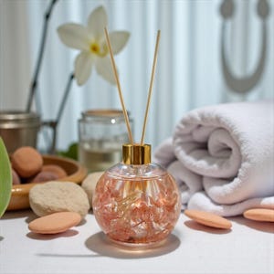 May include: A clear, round diffuser bottle with a gold cap and wooden reeds. The bottle is filled with pink dried flowers. A rolled white towel and decorative stones are in the background, suggesting a spa or wellness theme.