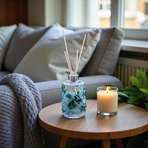 Könnte beinhalten: Ein klarer Glasdiffusor mit silbernem Deckel und Holzstäbchen, verziert mit blauen Blumenmustern. Daneben steht eine brennende Kerze in einem Glas auf einem kleinen Holztisch. Das Bild suggeriert Raumduft und Entspannung.