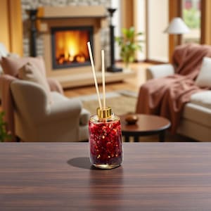 Könnte beinhalten: Eine transparente Aromatherapie-Diffusorflasche mit goldfarbenem Deckel, gefüllt mit rotem Potpourri und zwei Holzstäbchen. Der Diffusor steht auf einer dunkelbraunen Holzoberfläche, mit einem gemütlichen Wohnzimmer im Hintergrund.