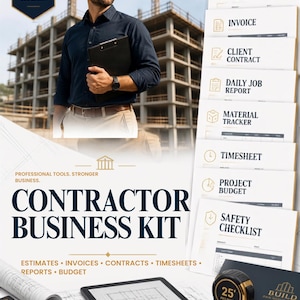 Puede incluir: Un kit de negocios para contratistas con 100 plantillas editables que incluyen presupuestos, facturas, contratos, informes diarios, seguimiento de materiales, hojas de horas, presupuestos y listas de seguridad, junto a una cinta métrica de 25 pies.
