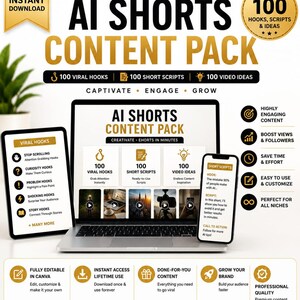 AI Shorts Content Pack | 100 Viral Hooks, 100 Short Scripts, 100 Video Ideas, 100 Titles & 100 CTA Templates