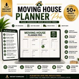 Puede incluir: Un planificador de mudanzas digital Moving House Planner Pro con más de 50 páginas de plantillas PDF imprimibles para organizar una mudanza. La pantalla muestra listas de verificación, cronogramas, presupuestos y hojas de inventario.