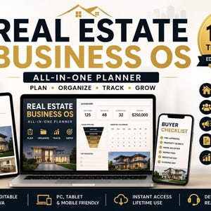 May include: A digital Real Estate Business OS all-in-one planner displayed on a laptop, tablet, and smartphone. The screen shows a dashboard with property listings, buyer checklists, and sales pipelines. Includes 100+ templates editable in Canva.