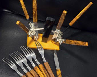 Vintage Amber Bakelite Style Fruit Cutlery Set, 14 Piece German Mid Century Flatware with Stand, Marbled Handles, Retro Kitchen Decor