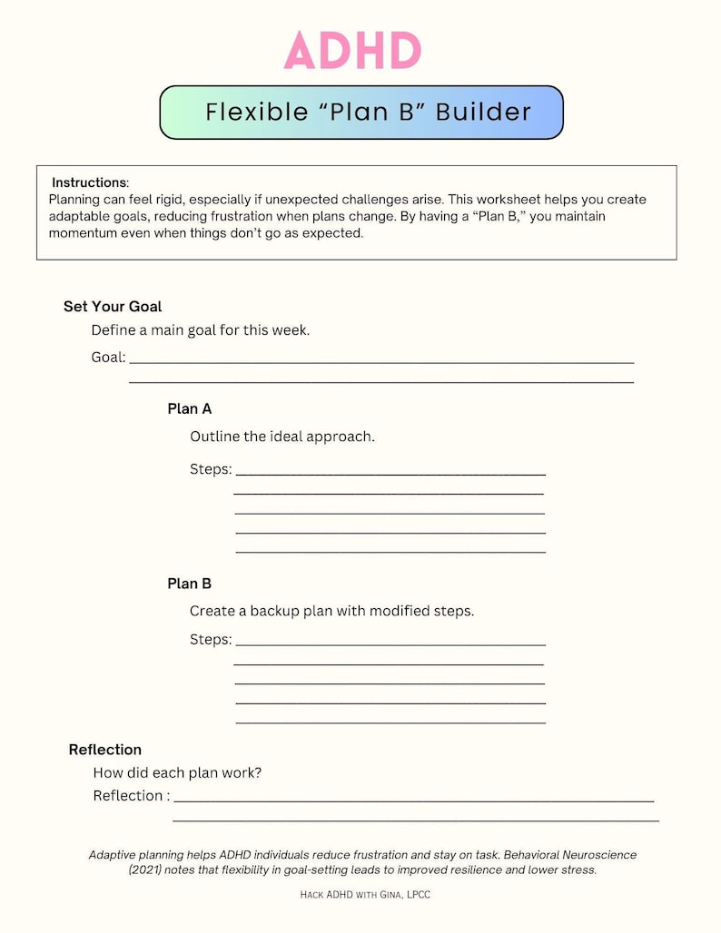 ADHD Flexible “plan B” Builder Worksheet - Etsy