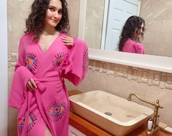 Kimono rose en coton bio, kimono du festival de l&#39;oeil mauvais, robe de plage, kimono bohème, robe de chambre Morging, kimono de mousseline, cadeau de fête des mères, robe de chambre bohème