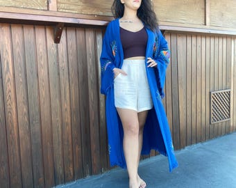 Kimono bleu fait main, peignoir bohème de spa, peignoir de bain, tenue de plage, robe de chambre, cardigan kimono, kimono unique pour festival