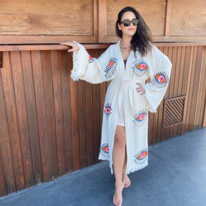 Musselin Handgefertigtes Evil Eye Festival Kimono, Boho Kimono für Frauen, Spa Robe, Morgenmantel, Beachwear Cover Up, Morgenmantel, Yoga Robe
