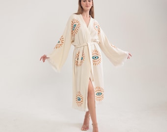 Kimono fait main en coton bio pour le festival du mauvais œil, kimono bohème, peignoir de spa, peignoir de bain, peignoir de piscine, tenue de plage, robe de chambre, peignoir de yoga