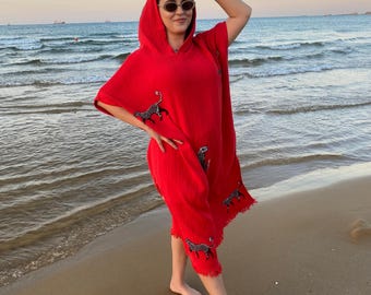 Kimono à capuche léopard rouge en coton bio fait main, robe kimono à imprimé animal, kimono de festival, kimono de style bohème, robe de chambre