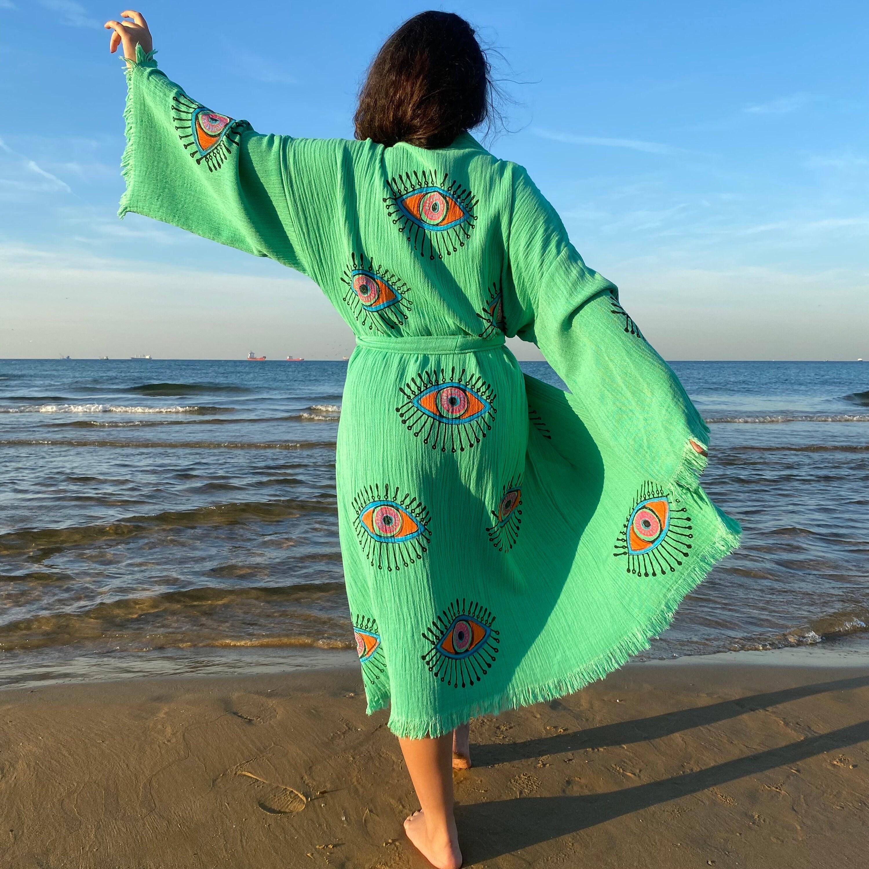 Robe kimono mauvais œil vert menthe, kimono festival mauvais oeil en coton fait main, tenue de plage, robe de chambre, robe bohème, kimono bohème