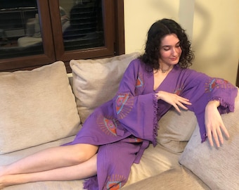 Kimono Mauve fait main, kimono de festival, peignoir de spa, kimono de piscine, peignoir de bain, tenue de plage, robe de chambre, cardigan kimono