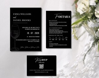Elegante schwarze Hochzeitseinladungs-Vorlagen - Set: Modernes minimalistisches Design (Digitaler Download)