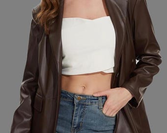 90s Inspired Classic Brown Leather Blazer for Women- Original Handmade Leather Jacket