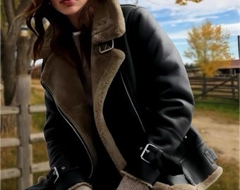 Women’s Sheepskin Leather Aviator Jacket | Vintage Shearling Fur Coat | Warm Winter Flight Jacket