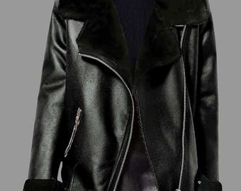 Women's Black Lambskin Bomber Jacket-Aviator Jacket-Handmade with Real Lambskin Leather & Faux Fur