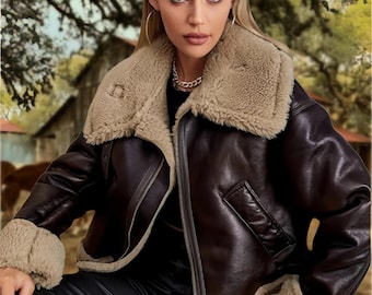 Handgefertigte Damen Schaffell Fliegerjacke - Braune Leder Bomberjacke