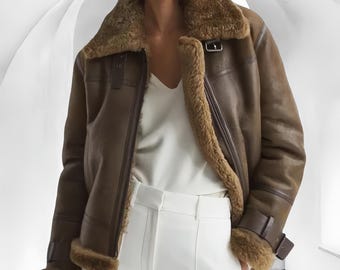 Women's Leather Aviator Jacket: Khaki Shearling, Handmade Faux Fur Collar